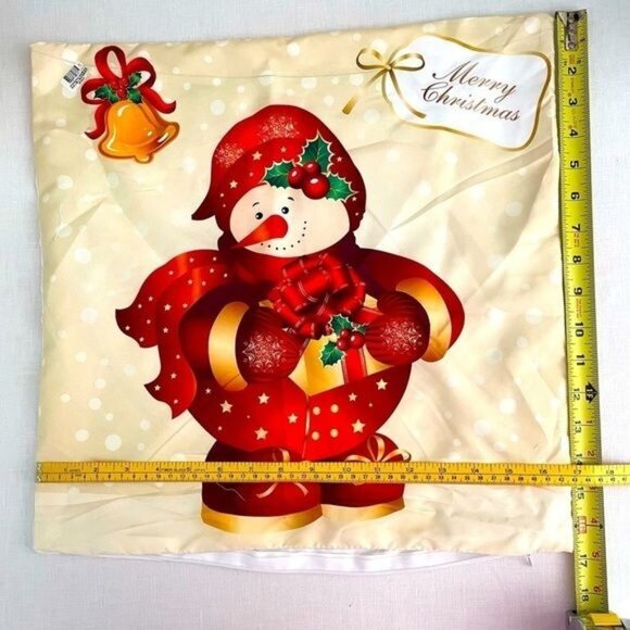 Christmas Snowman Pillow Cover 16x16 Red Gold Holly Gift Print Holiday Decor - Picture 6 of 11